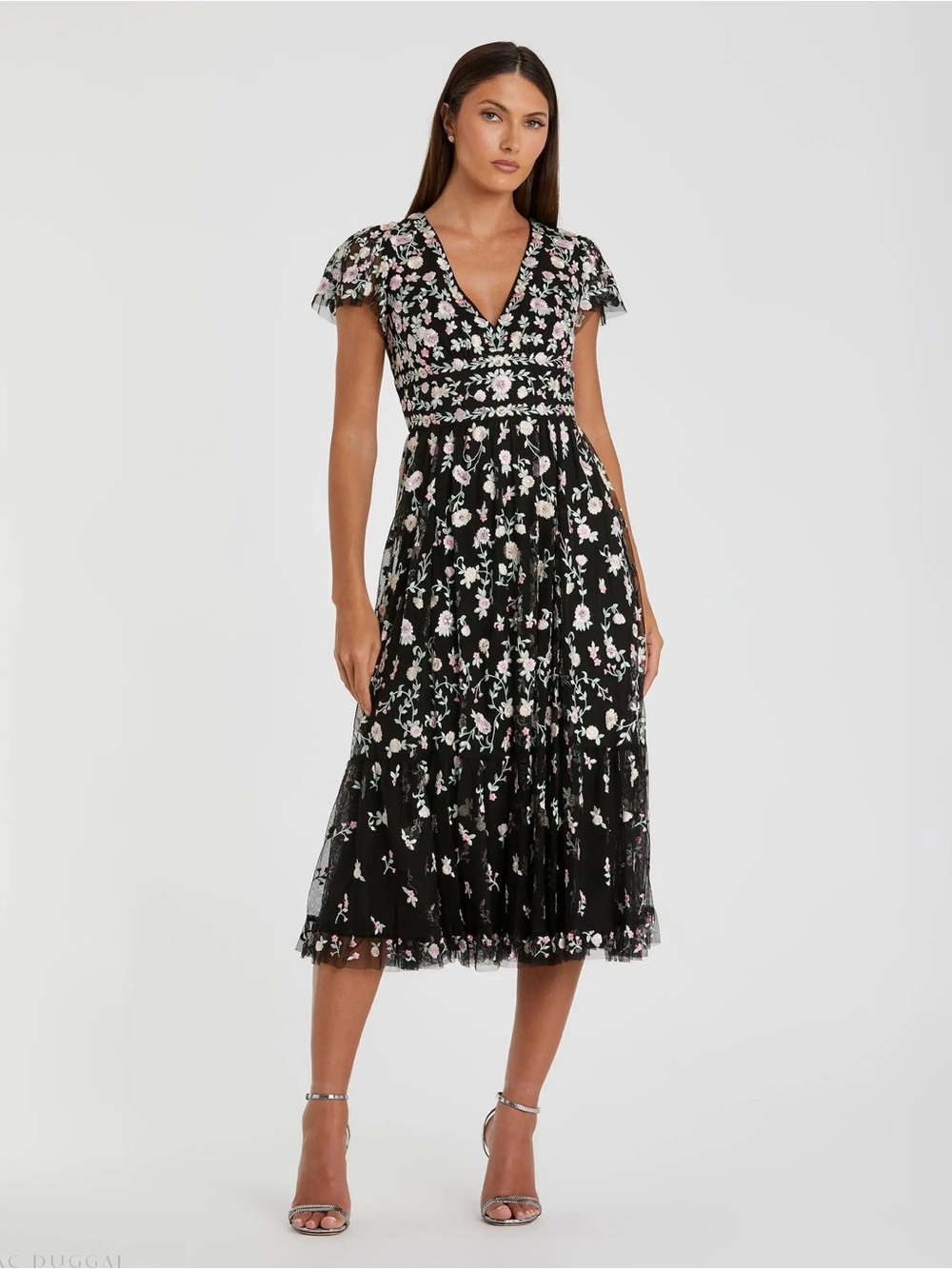 Mac Duggal 35104 Black Multi Embroidered V Neck Cap Sleeve Midi Dress Size 4 NWT